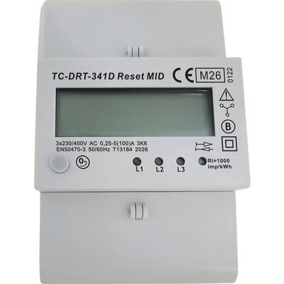 Widok frontalny licznika energii elektrycznej z pustym ekranem LCD, oznaczony 'TC-DRT-341D Reset MID' i lampkami wskaźnikowymi L1, L2, L3.