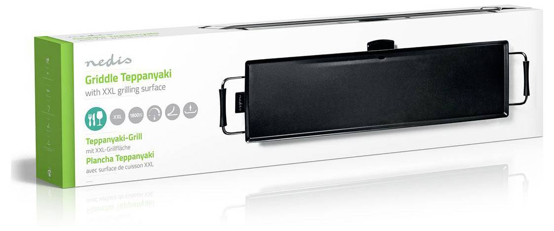 Pudełko grilla teppanyaki Nedis z powierzchnią do grillowania XXL, przedstawione z obrazem grilla na opakowaniu.