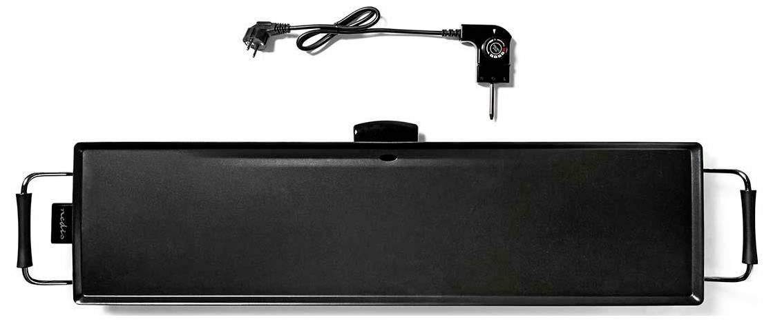 Elektryczny grill płytowy z odłączanym przewodem zasilającym i regulacją temperatury, wyposażony w długą prostokątną powierzchnię do gotowania oraz uchwyty po obu stronach.