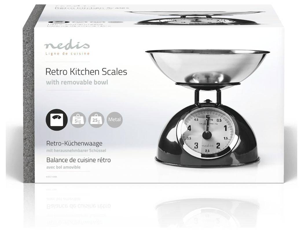 Аналогові кухонні ваги Nedis KASC110BK. Макс. діапазон вимірювання = 5 кг. Чорний колір, нержавіюча сталь. 248 x 248 x 215.