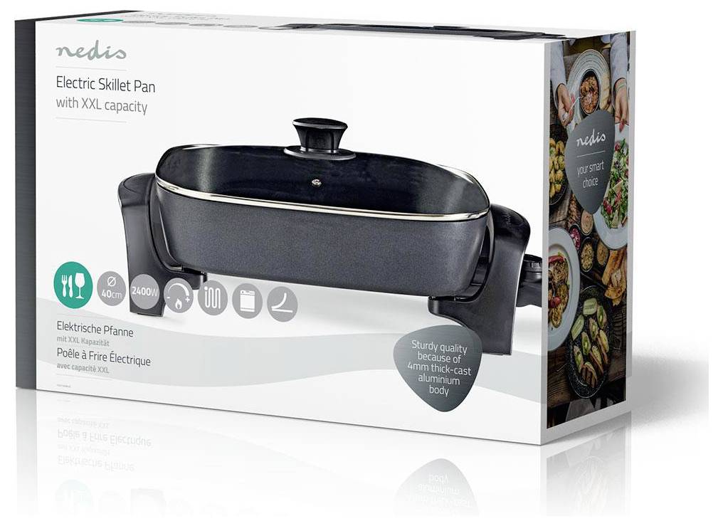 "Patelnia elektryczna Nedis z XXL pojemnością" z opakowaniem prezentującym patelnię ze szklaną pokrywką, uchwytami bocznymi oraz zdjęciami różnych potraw.