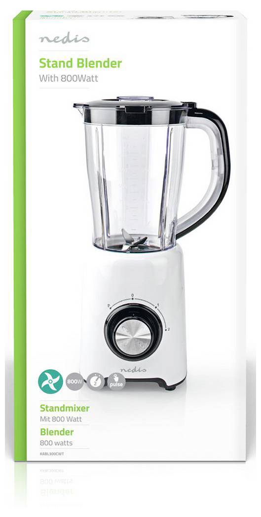 Biały blender stojący marki Nedis z silnikiem o mocy 800 W, prezentowany w oryginalnym opakowaniu. Cechy obejmują pokrętło na podstawie i przezroczysty dzbanek.