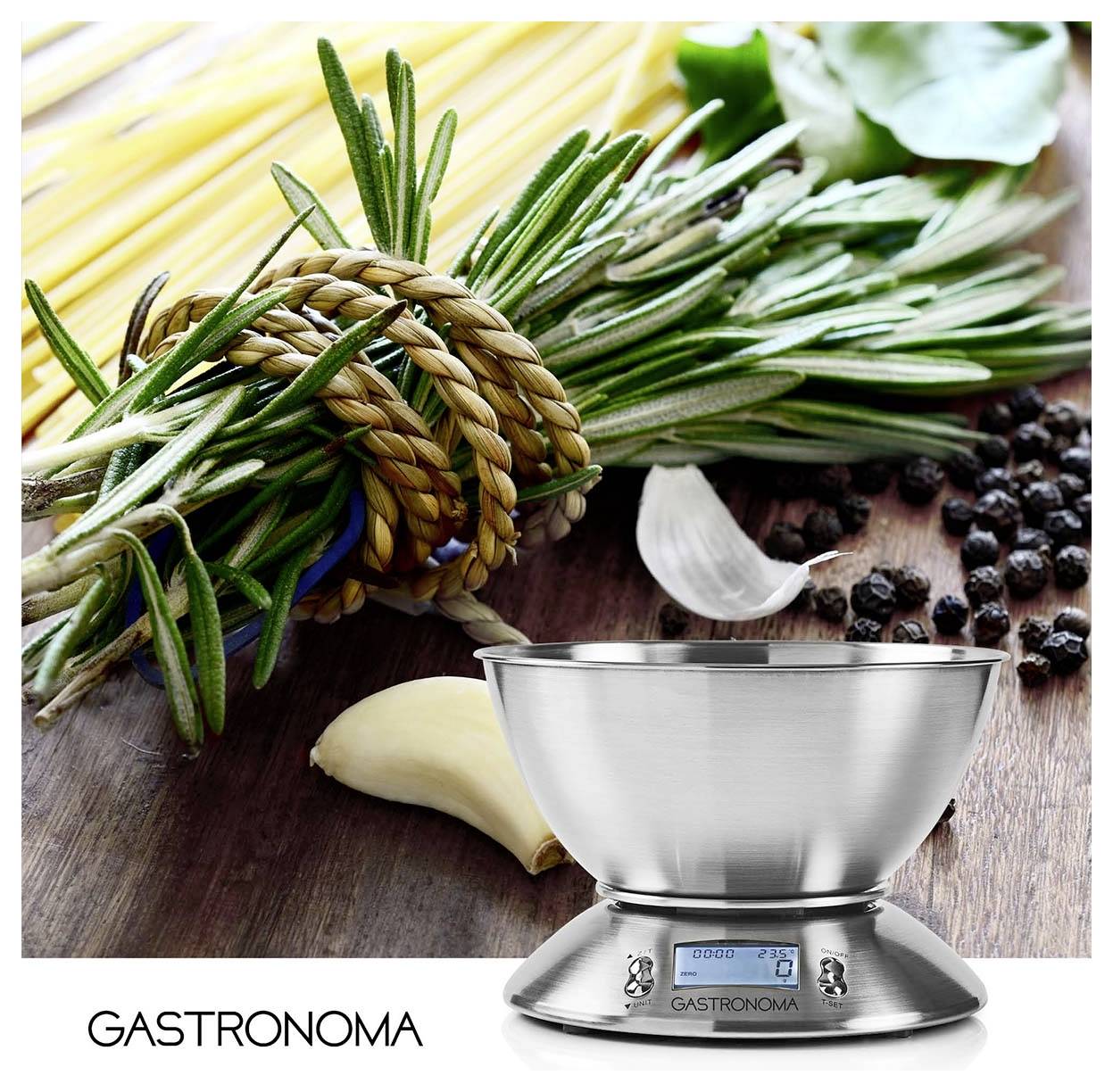 Цифрові кухонні ваги Gastronoma 18310021 з мірною чашкою, макс. діапазон вимірювання = 5 кг, срібні, 215 x 215 x 314