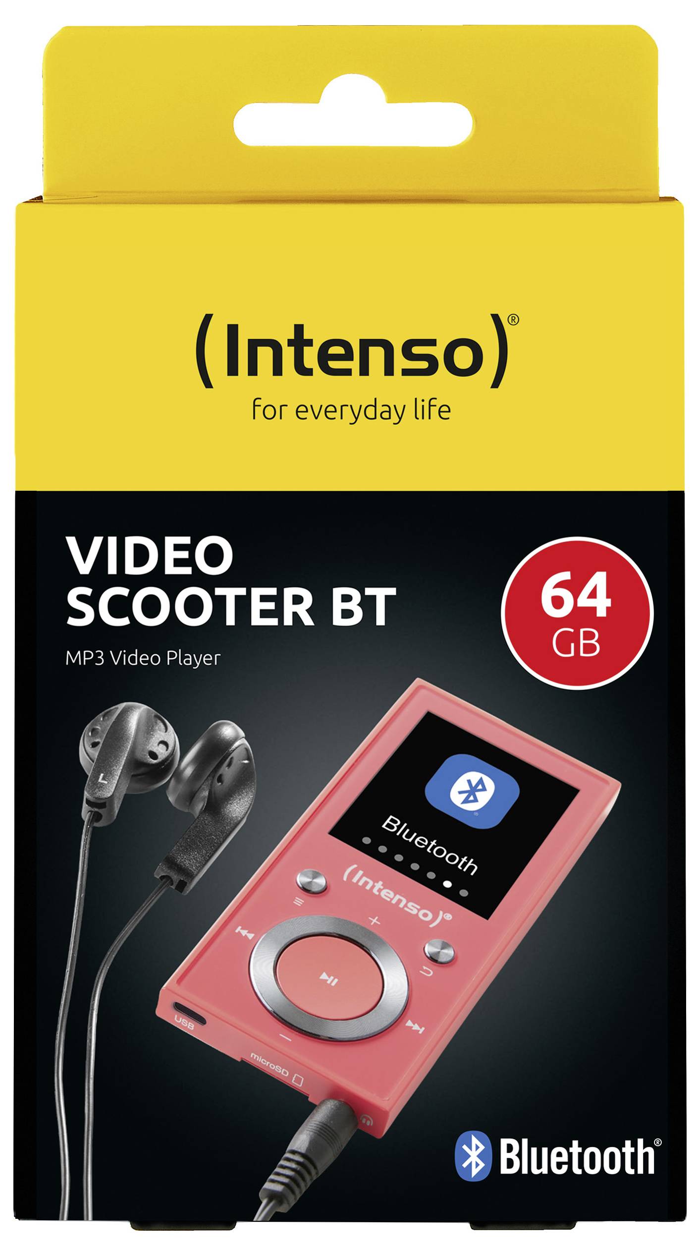 Intenso Video Scooter BT, odtwarzacz MP3 z wideo o pojemności 64 GB, prezentowany na opakowaniu wraz ze słuchawkami douszymi. Obsługuje łączność Bluetooth.