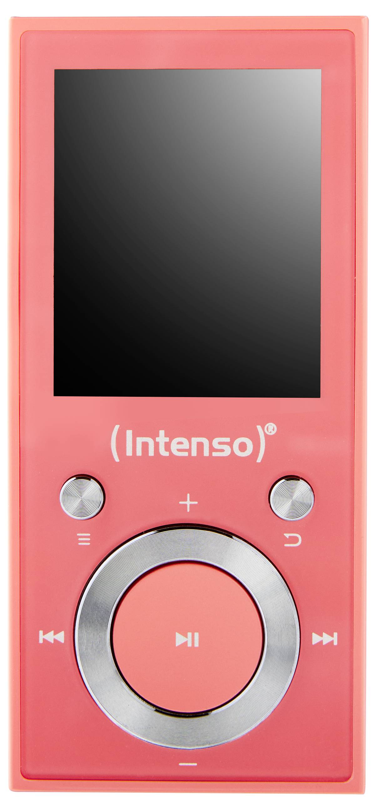 Czerwony przenośny odtwarzacz muzyczny z ekranem i przyciskami sterowania, w tym funkcjami odtwarzania, pauzy i nawigacji.