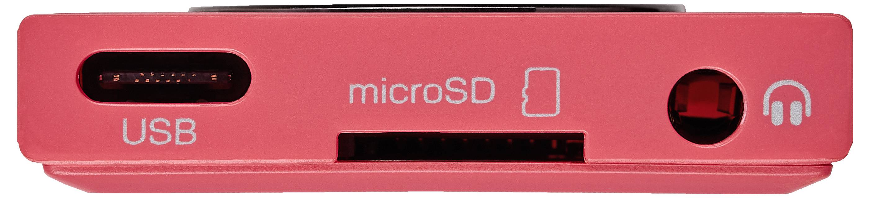 Zbliżenie panelu urządzenia w kolorze czerwonym, prezentujące złącza USB, gniazdo karty microSD oraz wejście na słuchawki.