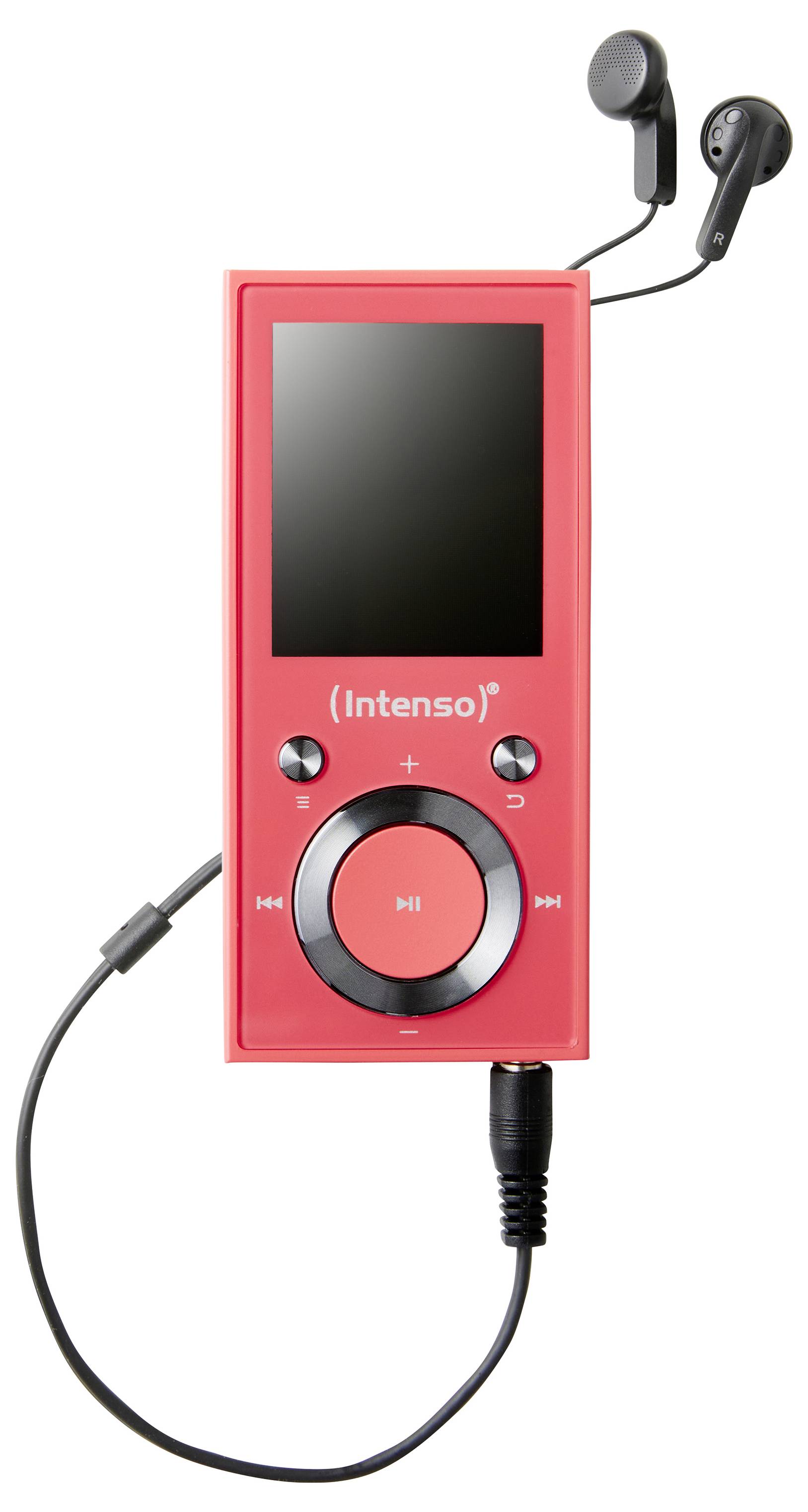 Czerwony przenośny odtwarzacz muzyczny z ekranem, okrągłą nakładką nawigacyjną i dołączonymi czarnymi słuchawkami douszymi. Nazwa marki 'Intenso' jest widoczna.