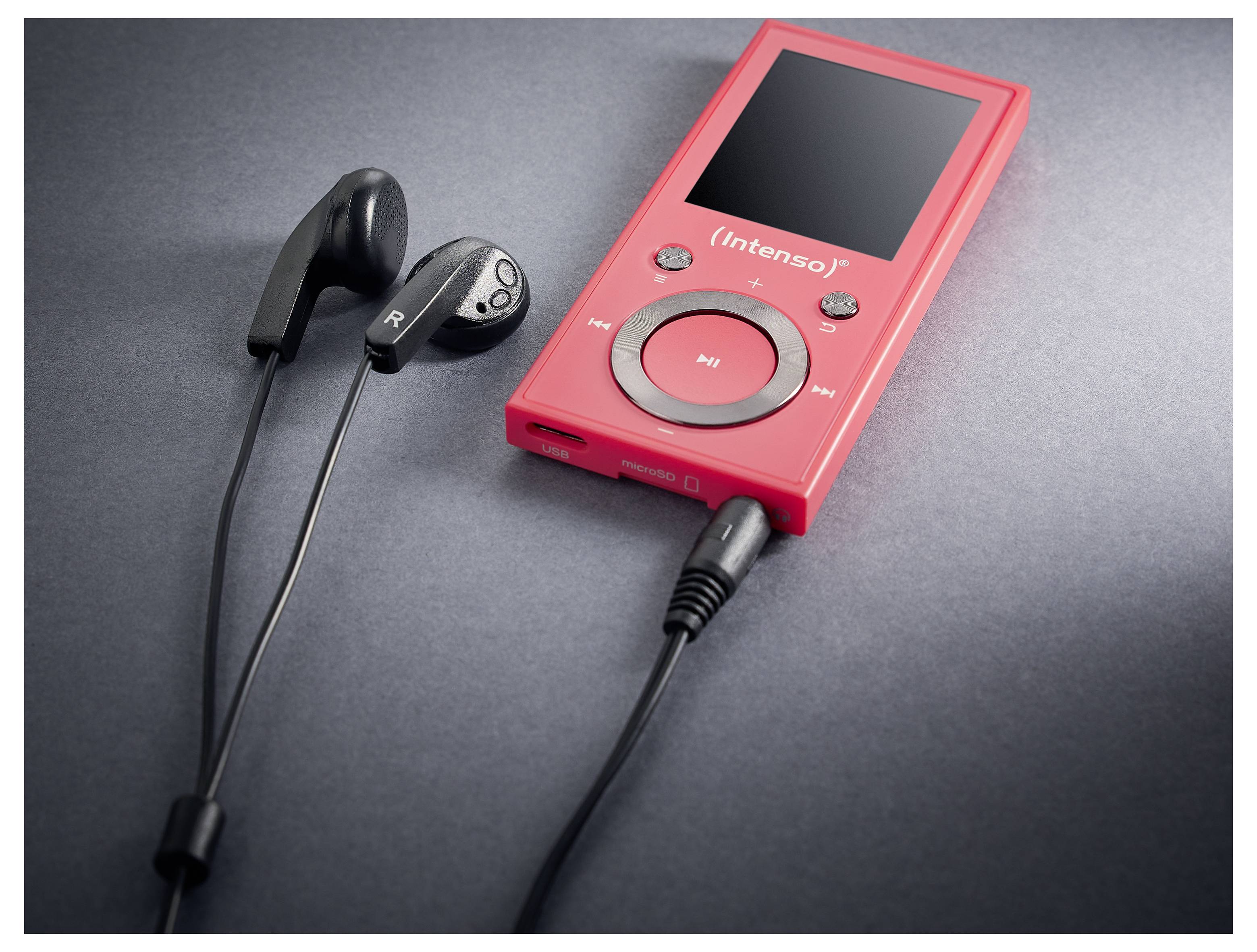 Czerwony przenośny odtwarzacz muzyczny z podłączonymi słuchawkami, umieszczony na ciemnym podłożu. Główne cechy obejmują przycisk odtwarzania i ekran.