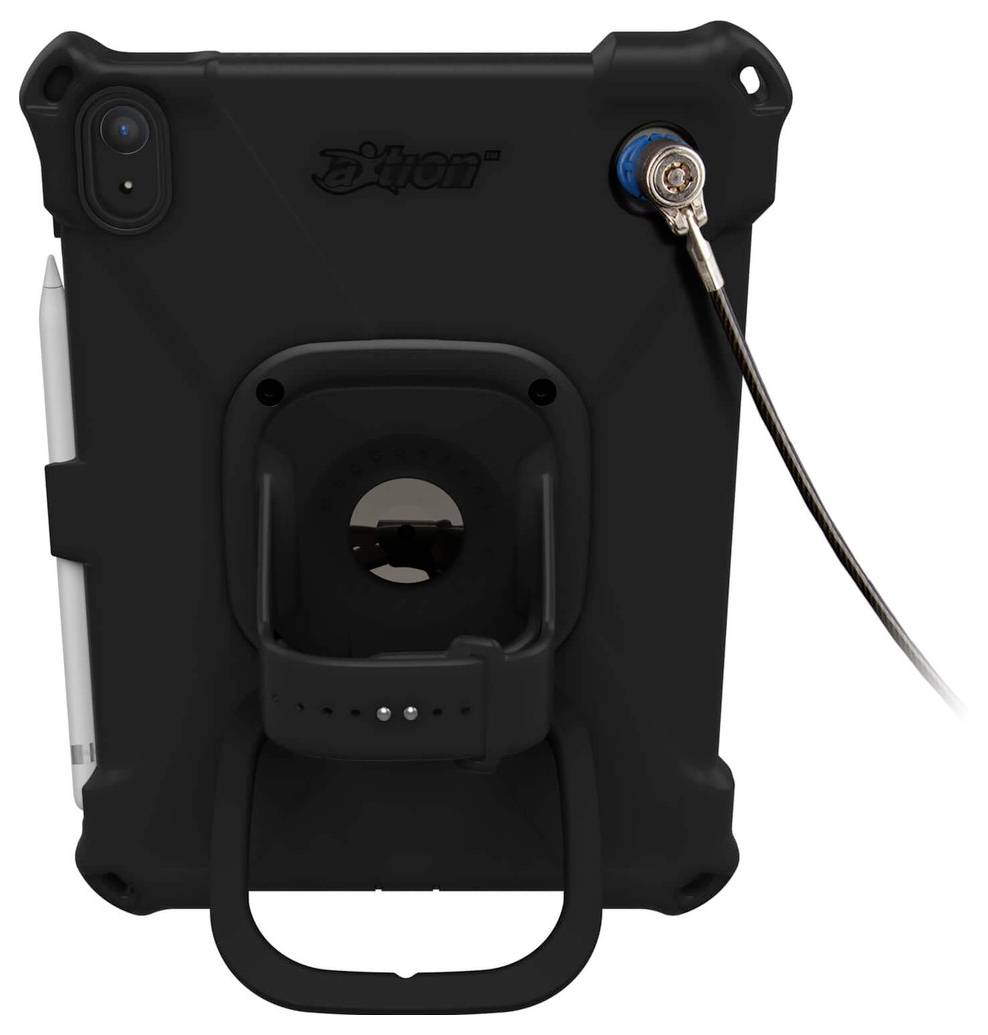 Wytrzymały tablet w czarnej obudowie ochronnej, z rysikiem po lewej stronie i przewodem podłączonym w prawym górnym rogu.