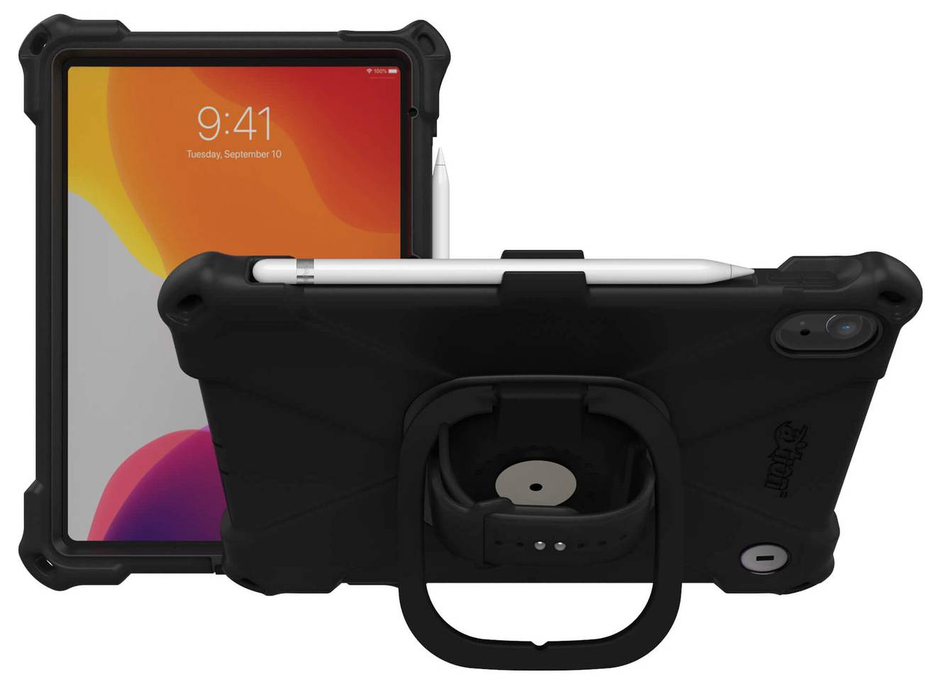 Etui na tablet z podwójnym widokiem o wzmocnionej konstrukcji; wyposażone w podstawkę i uchwyt na rysik, prezentowane z przodu i tyłu, pokazujące ochronę urządzenia.