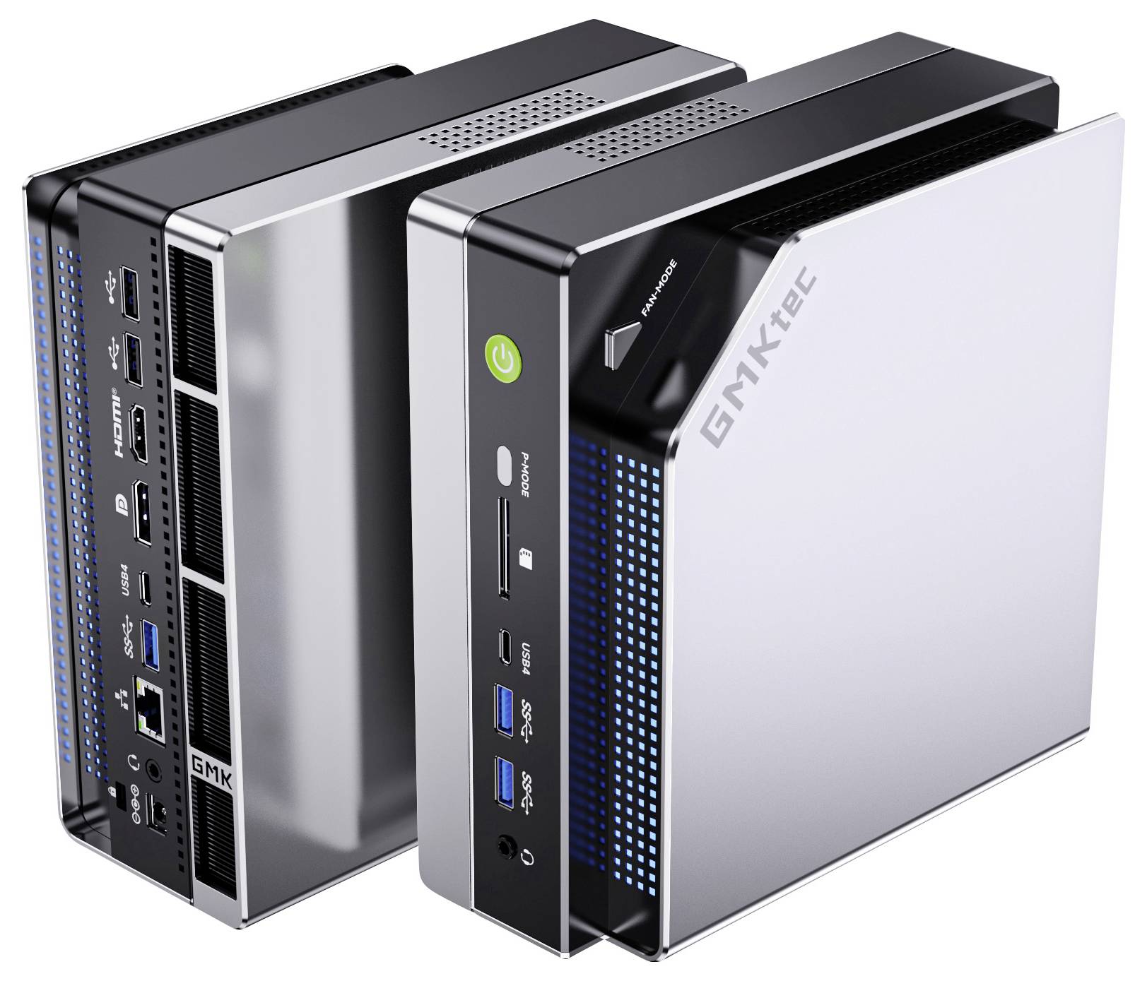 Dwa kompaktowe, eleganckie komputery stacjonarne z różnymi portami z boku, w tym HDMI i USB. Urządzenia mają markę 'GMKtec'.
