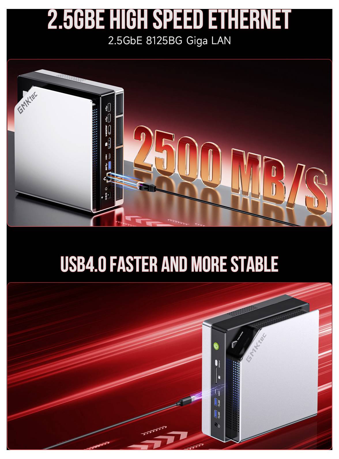 Widok z przodu urządzenia sieciowego promującego "2.5GbE" i "USB4.0", podkreślającego możliwość prędkości "2500 MB/s" dla wysokoprędkościowego połączenia.