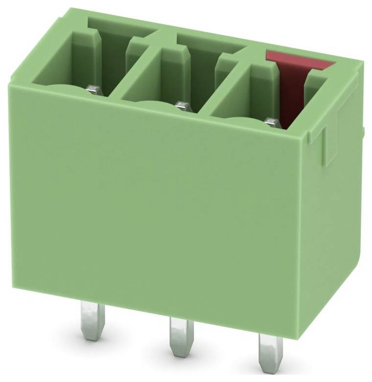Zielny blok zaciski PCB z trzema pozycjami i czerwoną dźwignią, zaprojektowany do połączeń elektrycznych, wyposażony w pionowe piny do montażu.