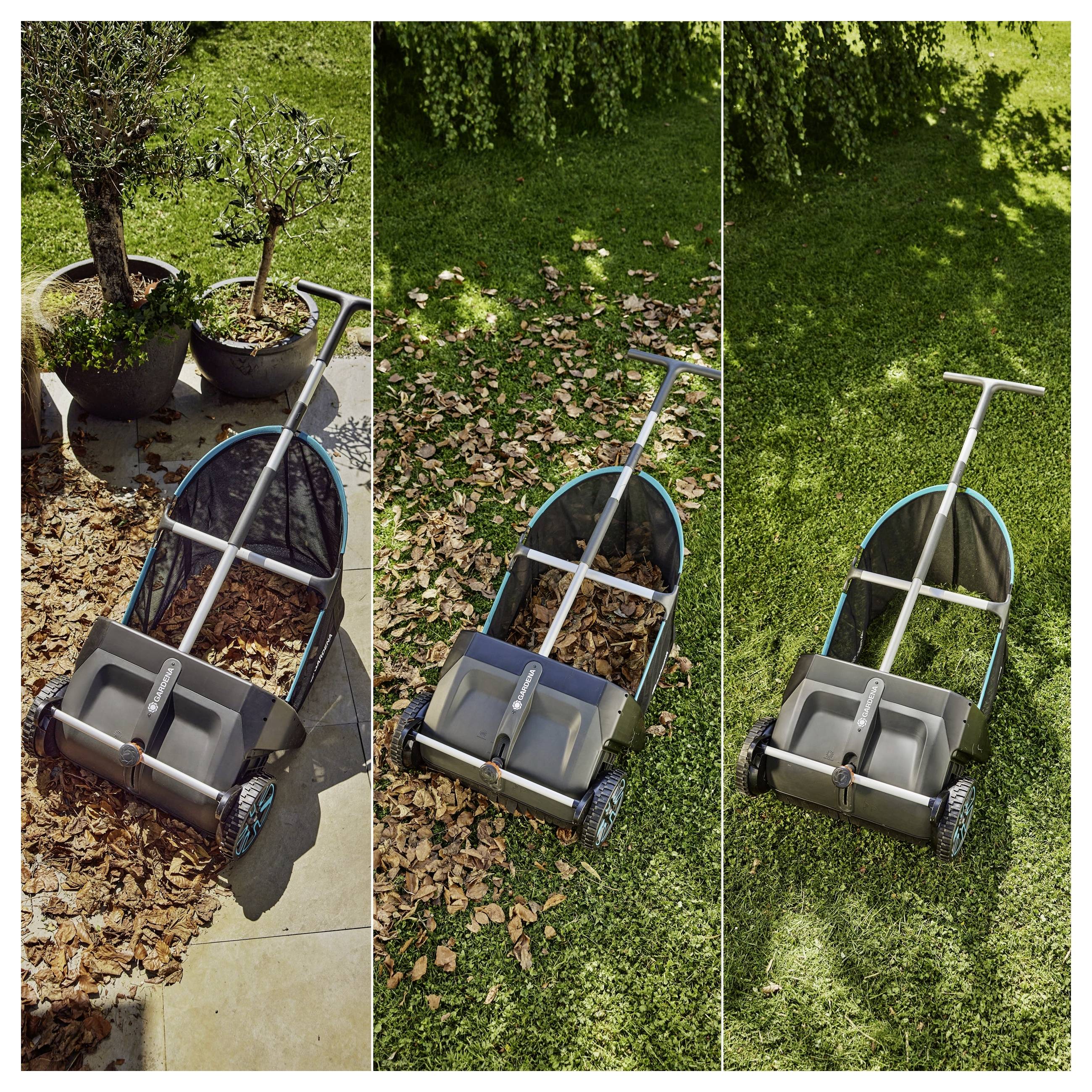 Trójpanelowy obraz przedstawiający zamiatarkę do trawnika na trawie w różnych warunkach: słoneczny, częściowo pokryty liśćmi i całkowicie pokryty liśćmi.