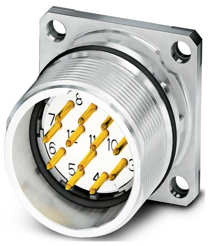Okrągły metalowy złącznik z wieloma szczelinami na szpilki oznaczonymi liczbami od 1 do 7 i literą S w cylindrycznej obudowie, zaprojektowany do połączeń elektronicznych.