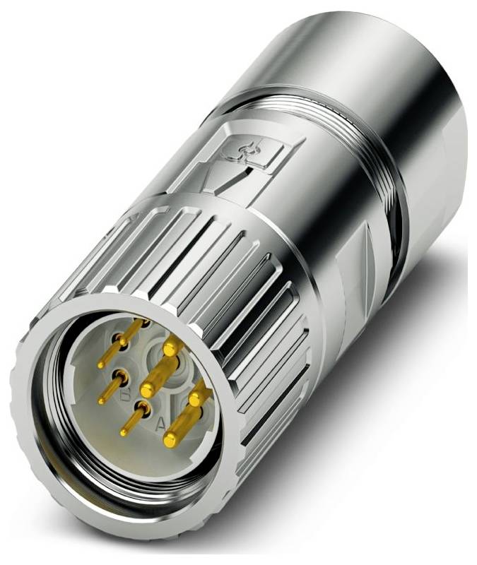 Zbliżenie cylindrycznego metalowego złącza z wieloma złotymi bolcami w środku, używanego w sprzęcie elektronicznym lub audio.