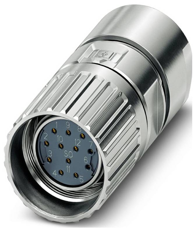 Metalowy cylindryczny złącznik z dwanaście ponumerowanymi zatyczkami, prawdopodobnie używany do zastosowań elektronicznych lub przemysłowych, pokazany pod kątem.
