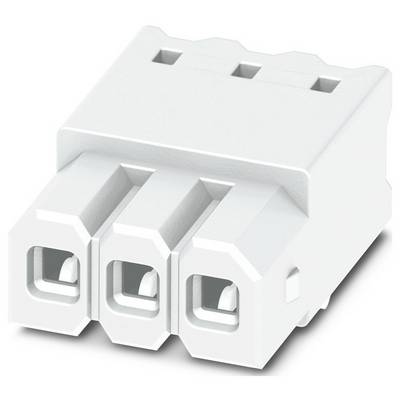 Biały trzypinowy złącznik z prostokątnymi otworami, używany w komponentach elektronicznych lub elektrycznych do bezpiecznego połączenia obwodów.
