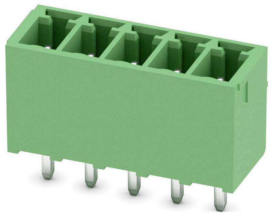Zielony, prostokątny złącze elektroniczne z pięcioma szczelinami i metalowymi szpilkami na spodzie, używane do łączenia obwodów na płytce drukowanej.