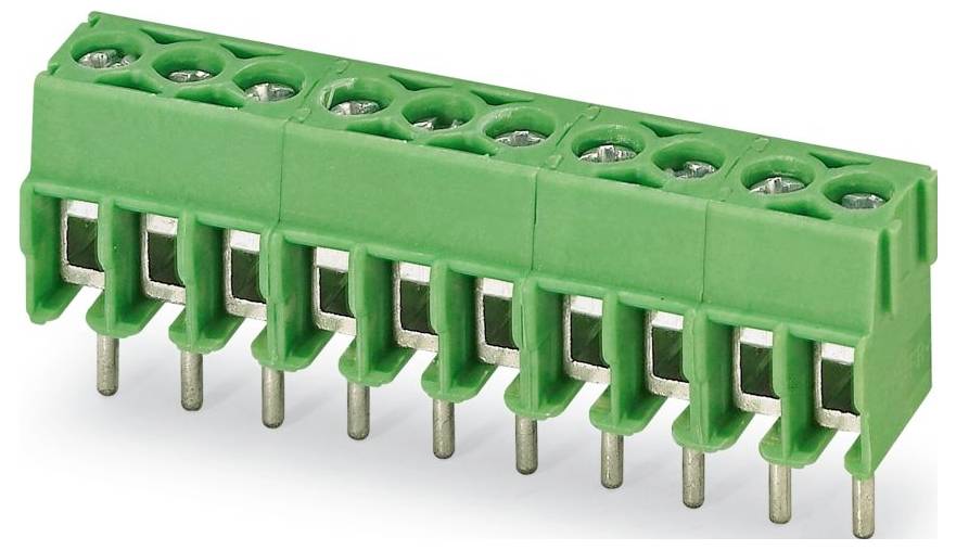 Zielony blok zaciskowy z ośmioma zacikami śrubowymi i metalowymi pinami do połączeń elektrycznych, używany w aplikacjach okablowania i obwodów drukowanych.