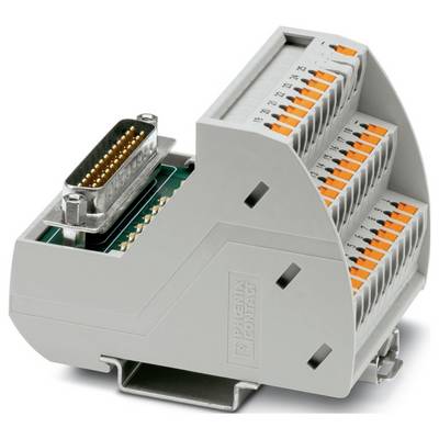 Szara klema Phoenix Contact z pomarańczowymi punktami połączeń i metalowym złączem na górze, zaprojektowana do instalacji elektrycznych.