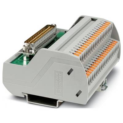 Moduł złącza Phoenix Contact ze oznaczonymi punktami zaciskowymi, wyposażony w złącze DB25 i różne wejścia przewodów do połączeń elektrycznych.