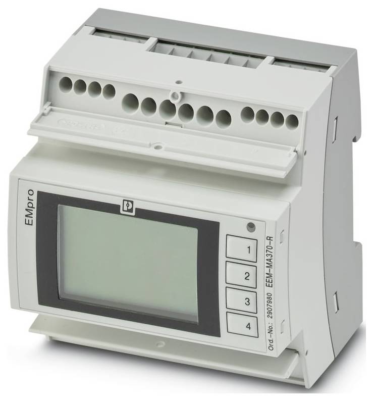 Elektroniczny moduł marki 'Empro' z przyciskami i ekranem wyświetlacza, wyposażony w wiele połączeń końcówek, używany do zarządzania zasilaniem.