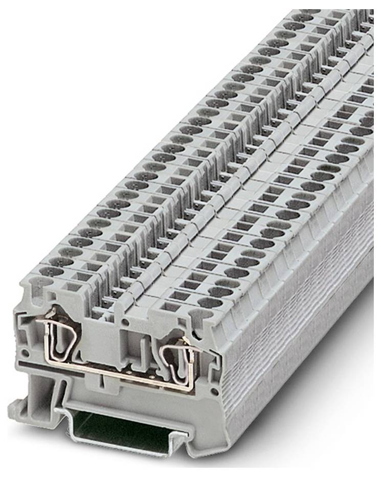 Stos szarych przemysłowych bloczków zaciskowych z widocznymi szczelinami i złączami ułożony horyzontalnie na białym tle.