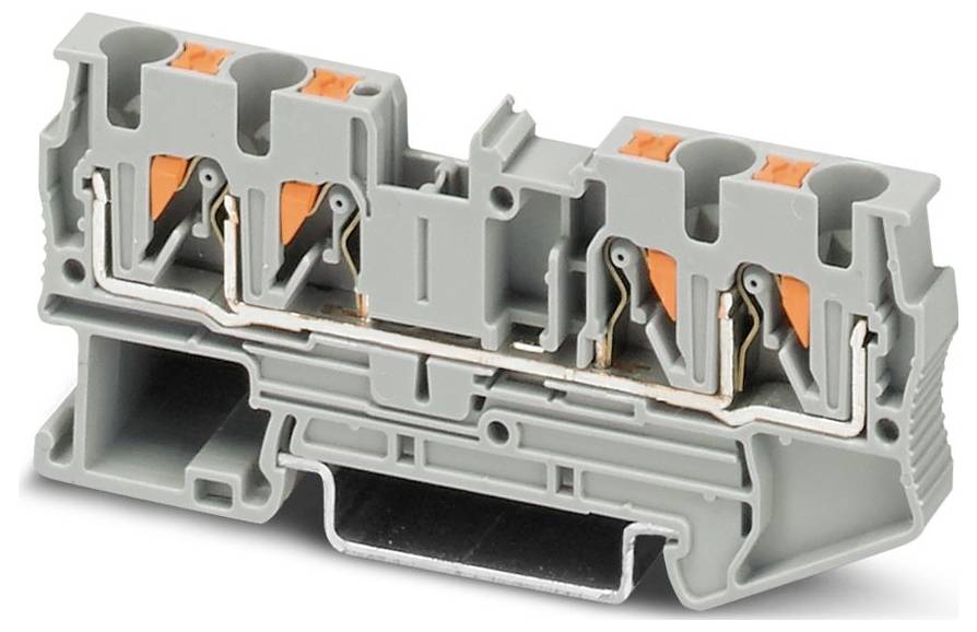 Szary i pomarańczowy blok zaciskowy z wieloma szczelinami do okablowania, służący do podłączania przewodów elektrycznych, z dwupoziomowym projektem.