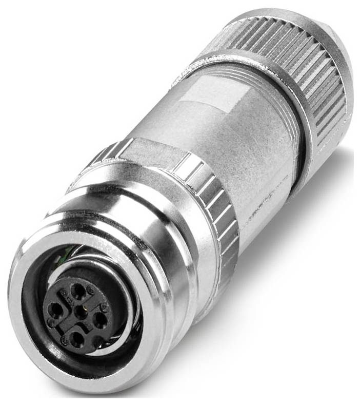 Zbliżenie metalicznego cylindrycznego złącza elektronicznego z wieloma szpilkami ułożonymi w okrągły wzór na jednym końcu.