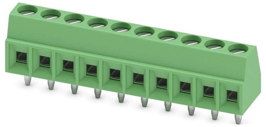 Zielony złącze elektroniczne z ośmioma stykami do podłączania na płytce obwodu.