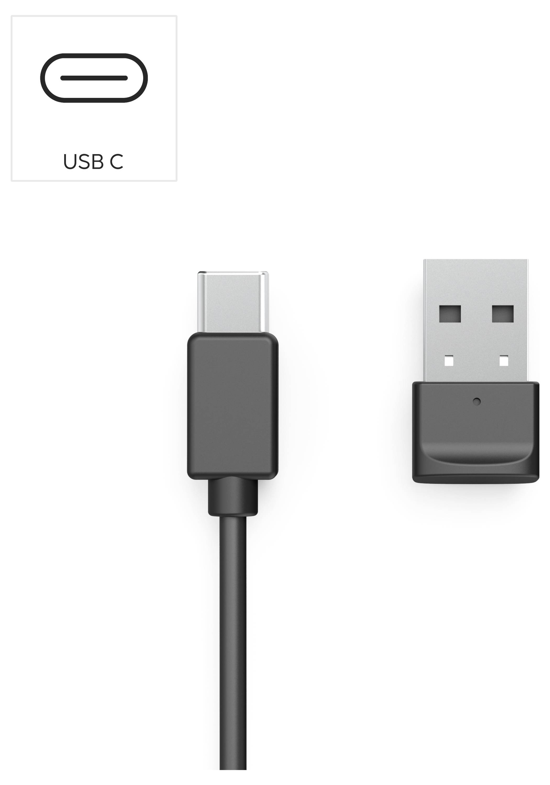 Kabel z USB-C na USB-A z etykietą 'USB C' wskazującą na kompatybilność.