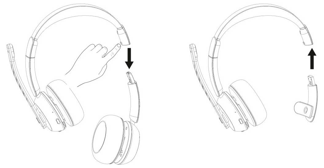 Diagram pokazujący kabel słuchawki przymocowany do wtyczki oraz jego odłączanie, ze strzałkami wskazującymi wstawienie i usunięcie.