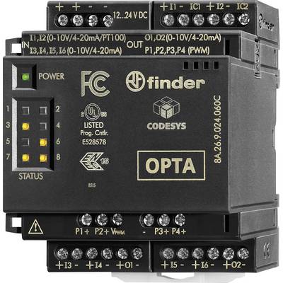 Urządzenie elektroniczne oznaczone jako 'Finder OPTA', prawdopodobnie sterownik PLC, z diodami LED sygnalizującymi zasilanie i stan urządzenia, licznymi złączami terminalnymi oraz certyfikatami bezpieczeństwa.