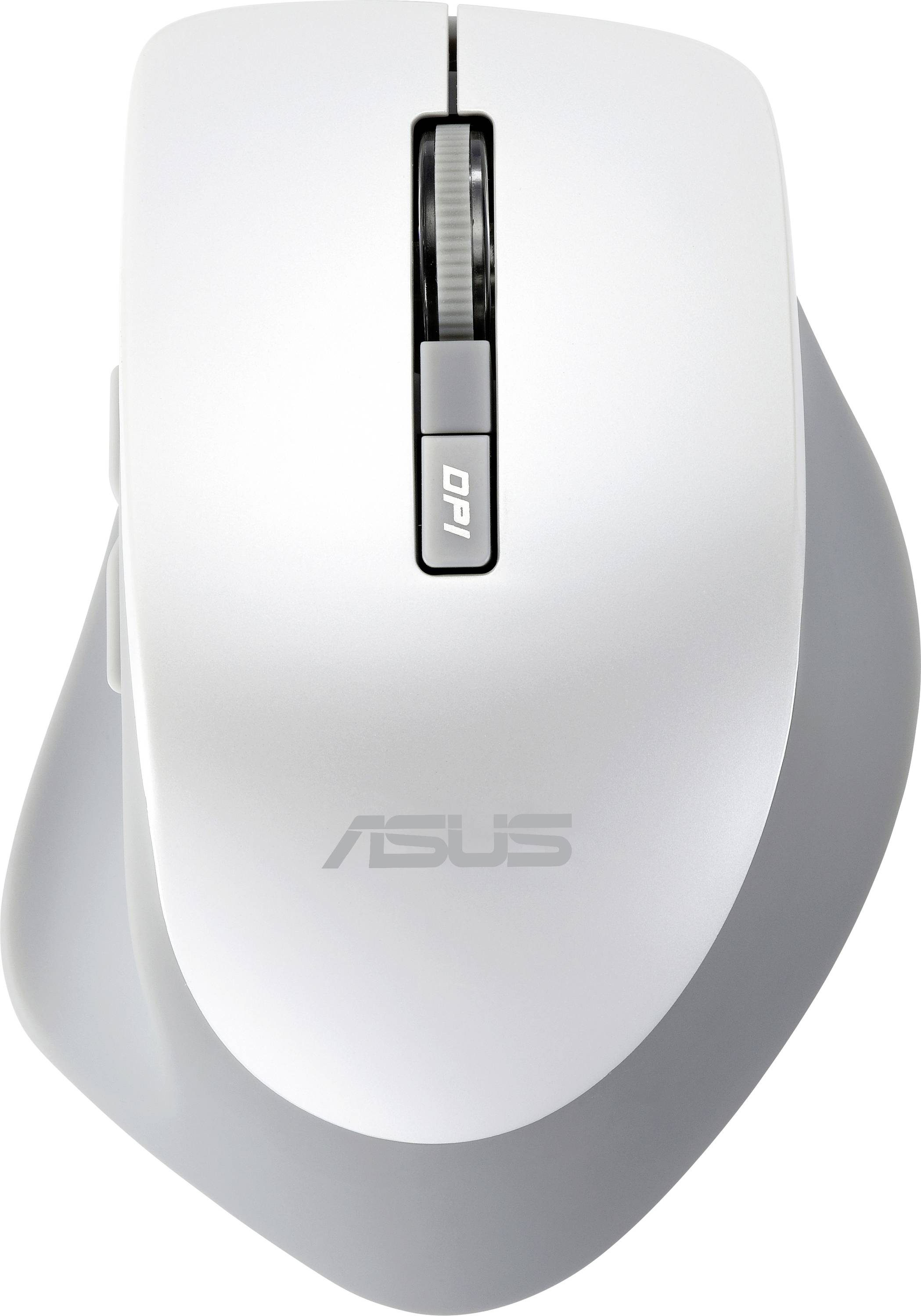 Biała i szara mysz komputerowa z rolką przewijania, wyposażona w przycisk DPI na górze, z logo 'ASUS' umieszczonym w dolnej części.