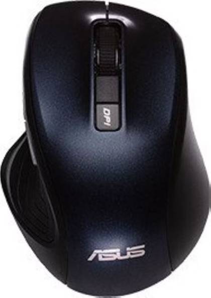 Czarna mysz komputerowa ASUS z widocznym kółkiem przewijania i przyciskiem DPI w pobliżu górnej części, zaprojektowana z myślą o ergonomii i graniu.