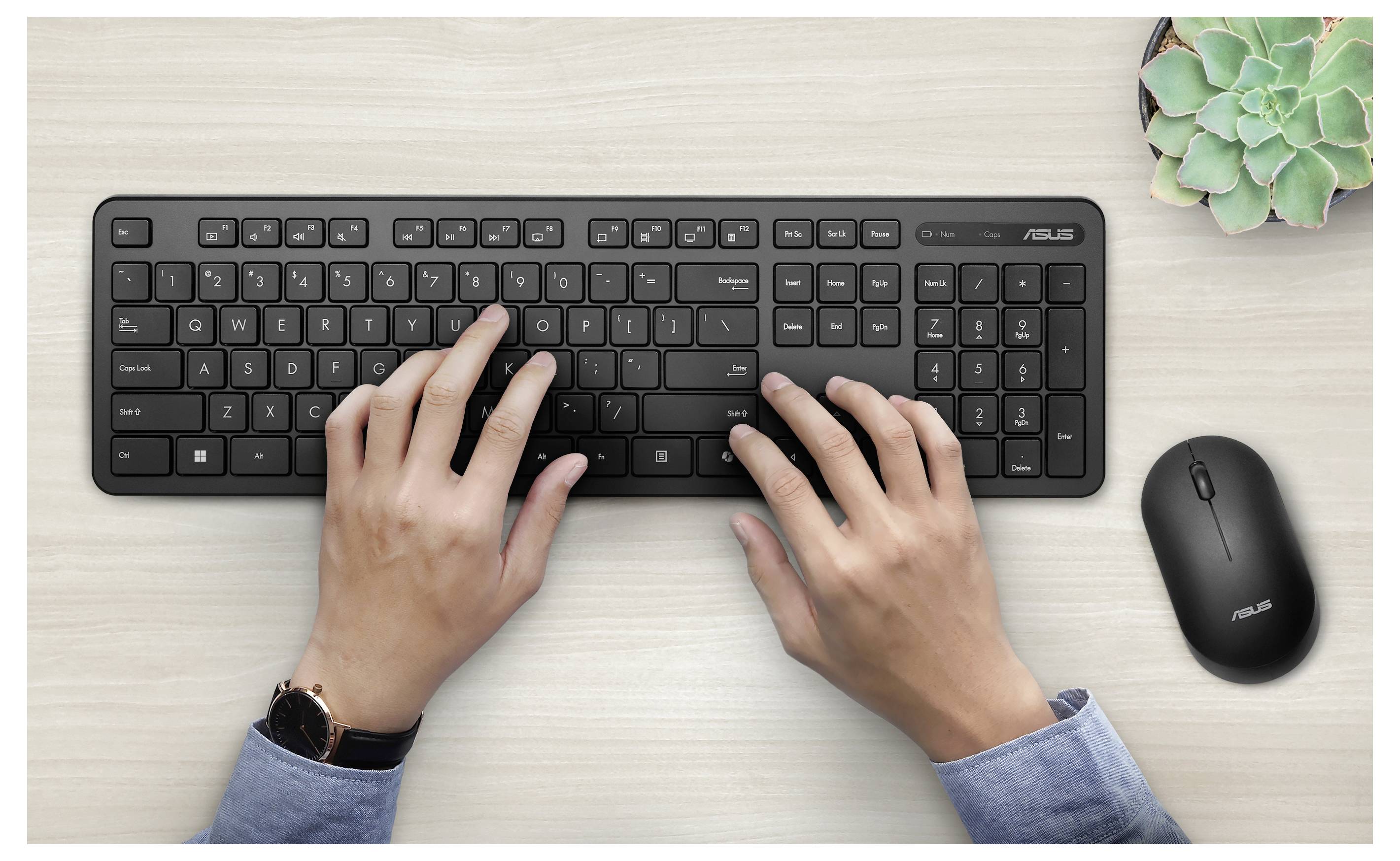 Dłonie piszące na czarnej bezprzewodowej klawiaturze ASUS z pasującą bezprzewodową myszą na drewnianym biurku, obok małej doniczkowej rośliny.