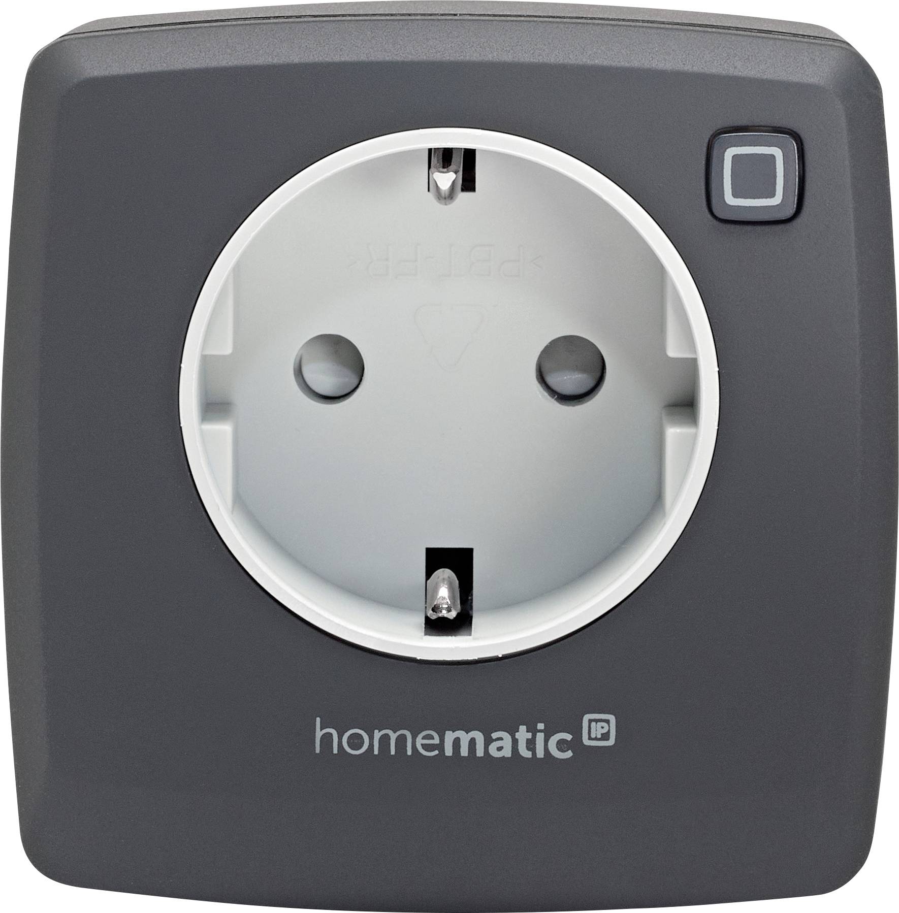 Czarny inteligentny adapter z logo 'homematic IP', wyposażony w gniazdo zasilania i kwadratowy przycisk w prawym górnym rogu do obsługi połączenia.
