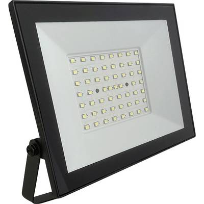 Reflektor LED z czarną ramą i siatką małych, równomiernie rozmieszczonych diod LED w centrum. Jest zamontowany na regulowanym uchwycie.