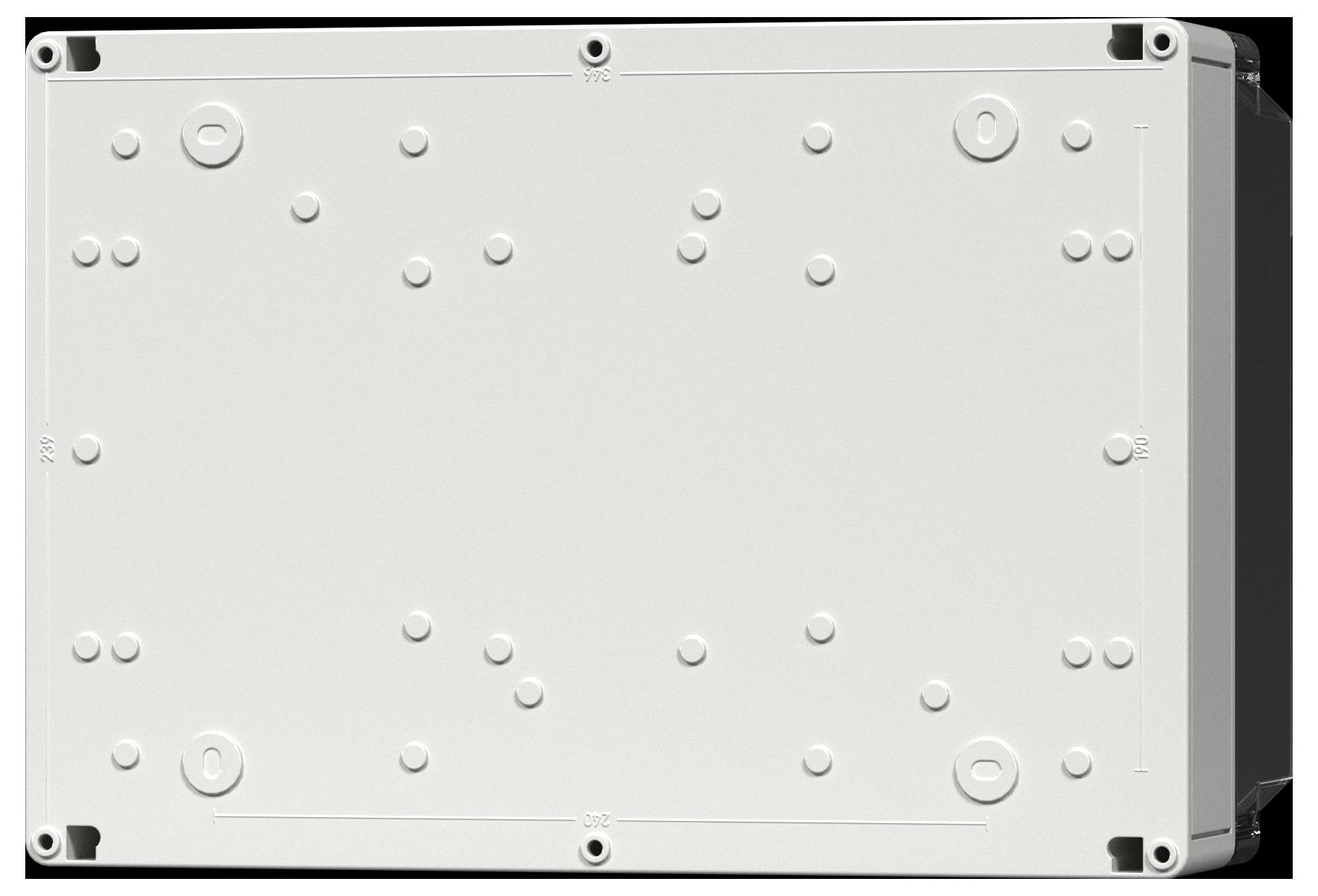 Prostokątne białe plastikowe pudełko rozgałęźne z wieloma zaokrąglonymi punktami montażowymi i otworami na śruby, widziane z góry.