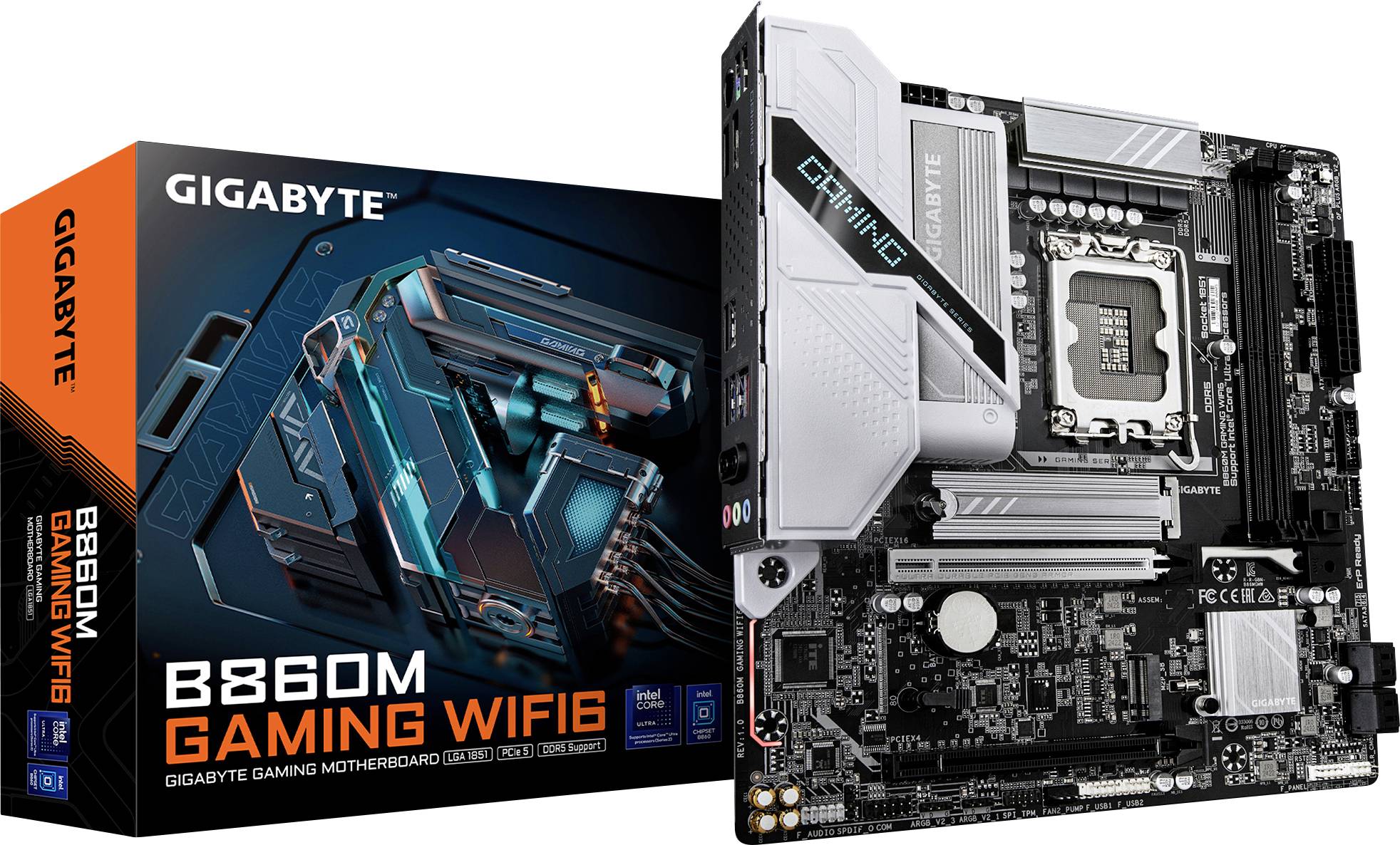 'Płyta główna GIGABYTE B660M GAMING WIFI 6' z widocznym szczegółowym układem elektrycznym, gniazdem i portami, zapakowana w żywy, kolorowy karton.