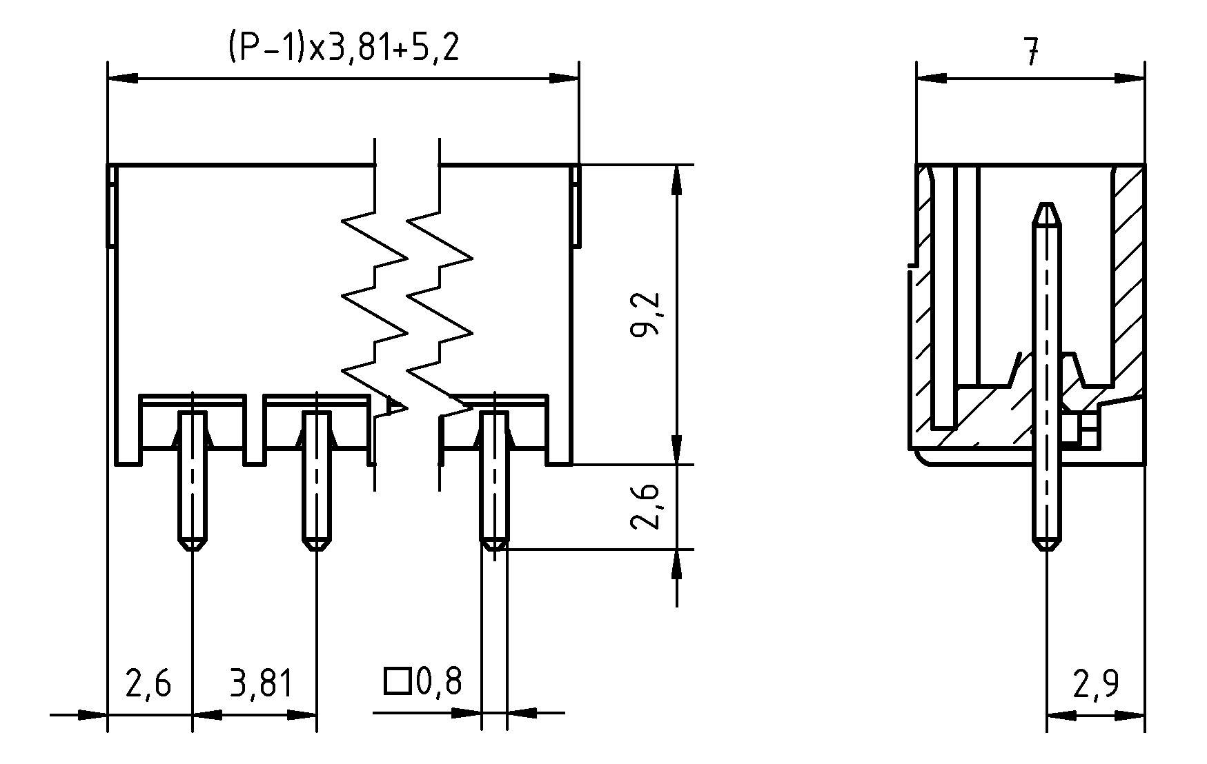 Rysunek techniczny złącza typu pin-connector z dwoma rzędami. Wymiary oznaczone: szerokość 2,6, odstęp 3,81, wysokość 9,2, głębokość 2,9, szerokość przekroju 7.