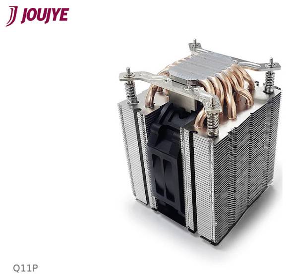 Chłodnica procesora JouJye Q11P z miedzianymi przewodami cieplnymi i aluminiowymi żeberkami, zaprojektowana do efektywnego odprowadzania ciepła z procesora komputerowego.