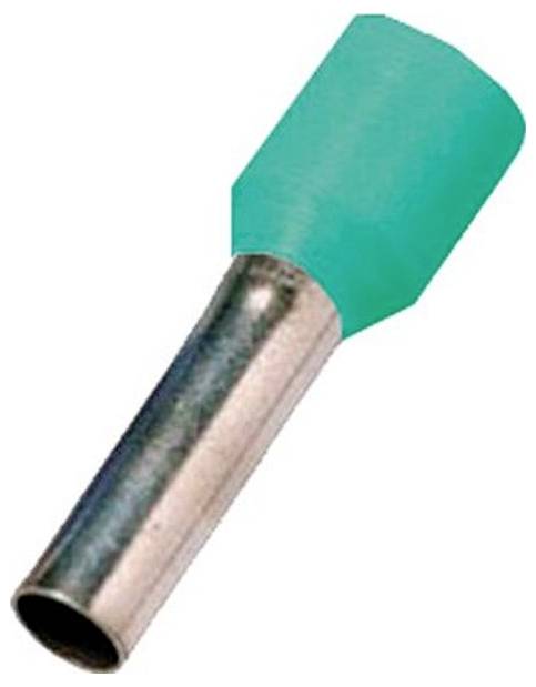 Zielona, zaizolowana tulejka końcówkowa (ferrule) używana do bezpiecznego łączenia przewodów elektrycznych, prezentująca metalową obsadkę i kolorową plastikową osłonkę.