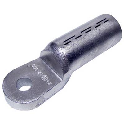 Metalowy zaczep z otworem do mocowania i cylindrycznym końcem do zaciskania przewodu.