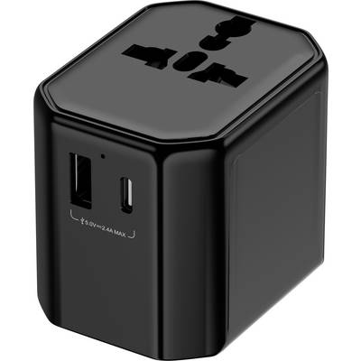 Czarny uniwersalny adapter podróżny z wieloma opcjami gniazd wtykowych oraz portami USB, odpowiedni do ładowania różnych urządzeń elektronicznych.