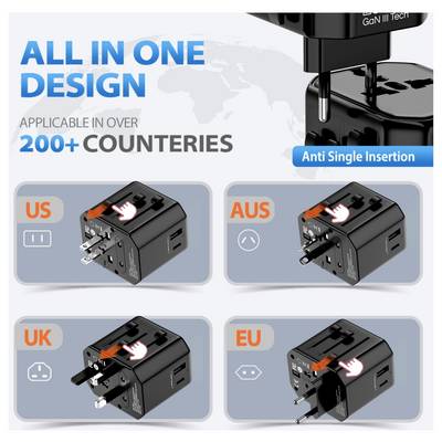 Adapter podróżny „All in one design" do ponad 200 krajów. Posiada wymienne wtyczki do gniazd elektrycznych w USA, Australii, Wielkiej Brytanii i Europie.