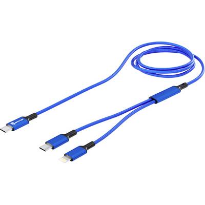 Niebieski wielozłączowy kabel do ładowania z wejściami USB-C, micro-USB i Lightning, przeznaczony do uniwersalnej kompatybilności urządzeń.