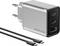 Srebrny adapter zasilający EcoFlow z trzema portami USB i dwoma czarnymi kablami USB-C.
