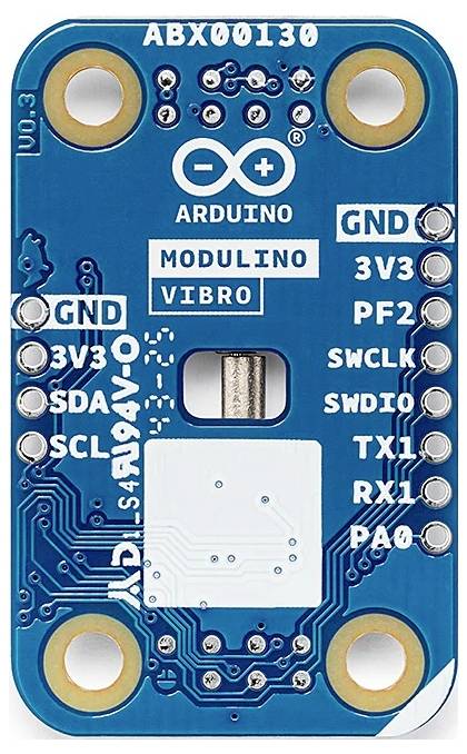 Moduł elektroniczny 'Arduino Moduino Vibro' posiada złącza oznaczone jako GND, 3V3, PF2 i inne; używany jest do wykrywania wibracji.